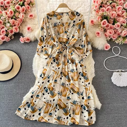 Elegant Flower V Neck Chiffon Midi Dress