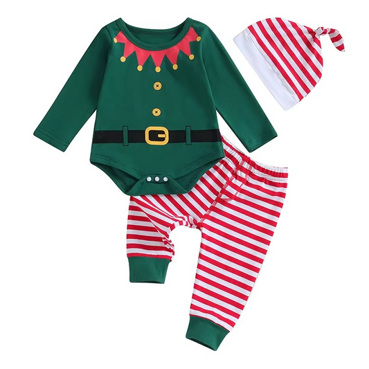 Soft Baby Holiday Romper Set with Stripe Pants and Hat - Hehif
