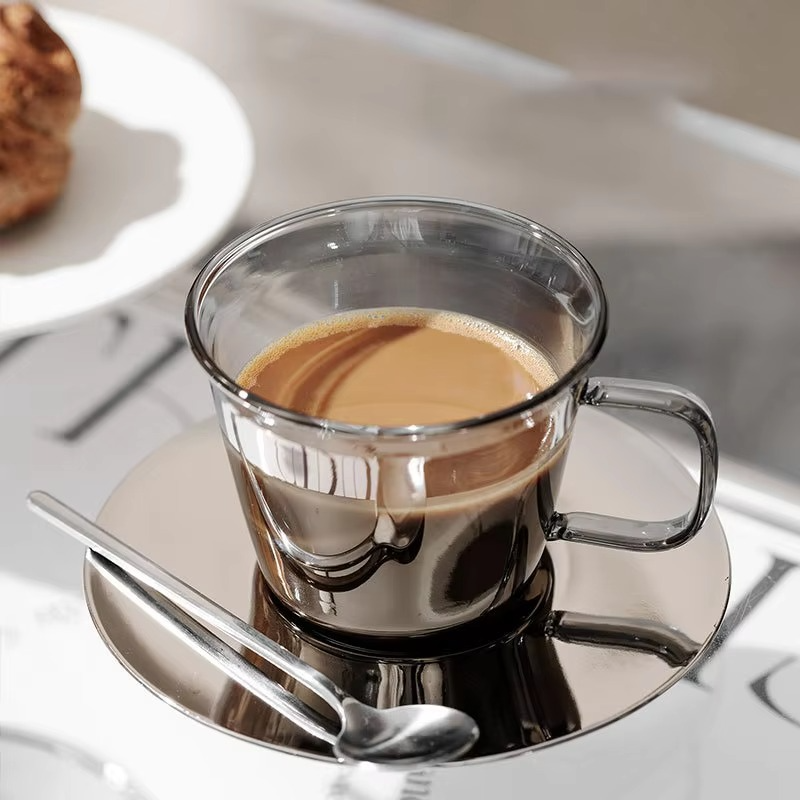 Classic Gray Glass Coffee Mug and Saucer Set