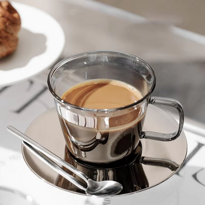 Classic Gray Glass Coffee Mug and Saucer Set