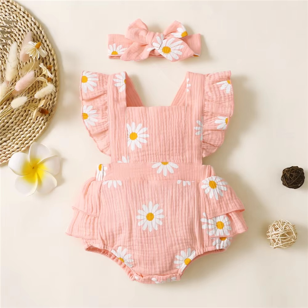 Cute Girls Floral Jumpsuit with Headband, Summer Romper Suit