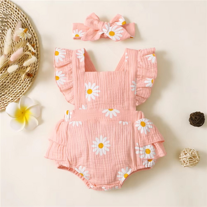 Cute Girls Floral Jumpsuit with Headband, Summer Romper Suit