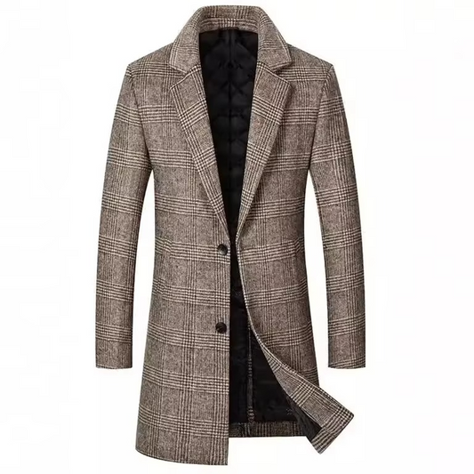 Warm Plaid Woolen Overcoat for Men, Slim Fit Waterproof Jacket - Hehif
