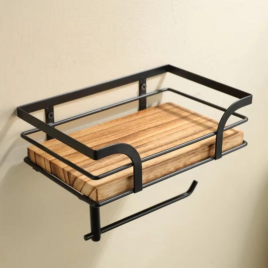 Bathroom Wooden Toilet Paper Roll Holder with Shelf - Hehif