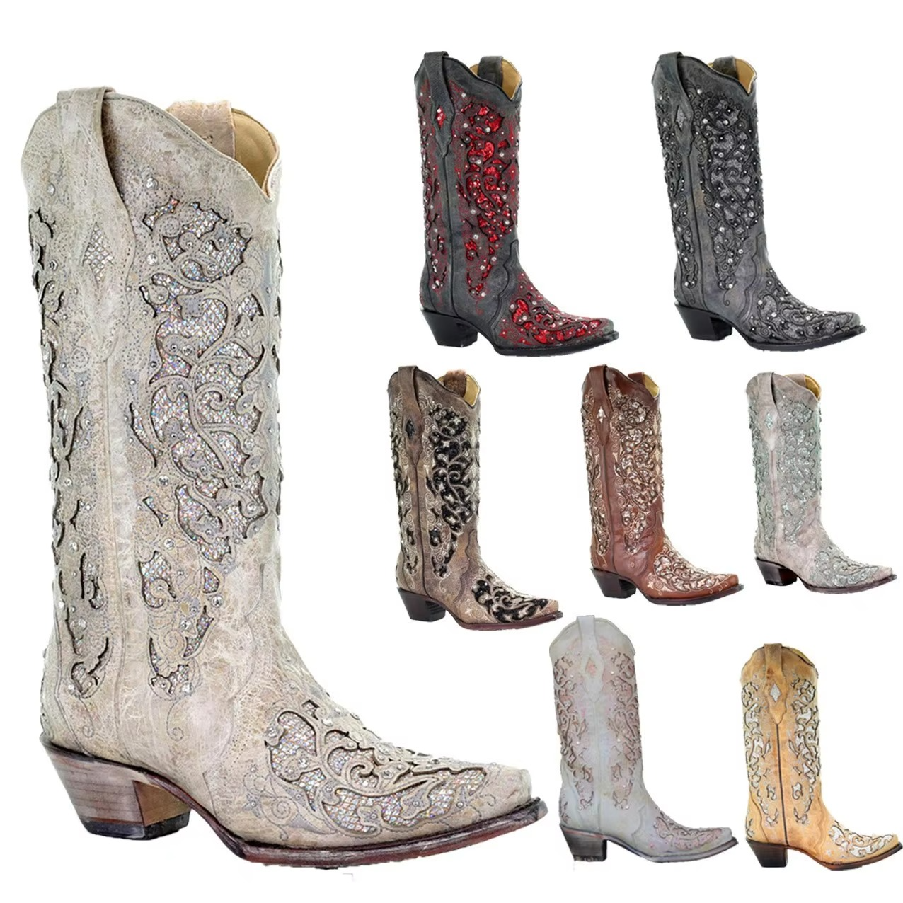 Glittery Vintage Pointy Toe Ankle Boots with Block Heel - Hehif