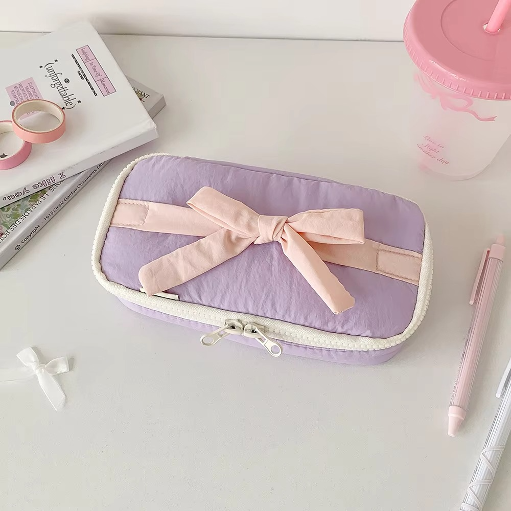 Simple Korean Cotton Pencil Bag with Ribbon Detail