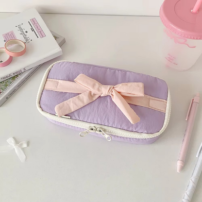 Simple Korean Cotton Pencil Bag with Ribbon Detail