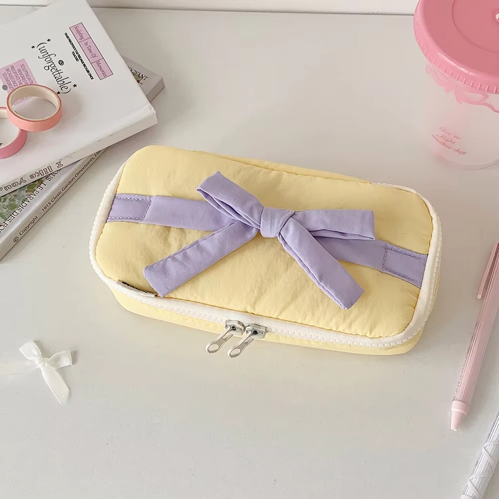 Simple Korean Cotton Pencil Bag with Ribbon Detail
