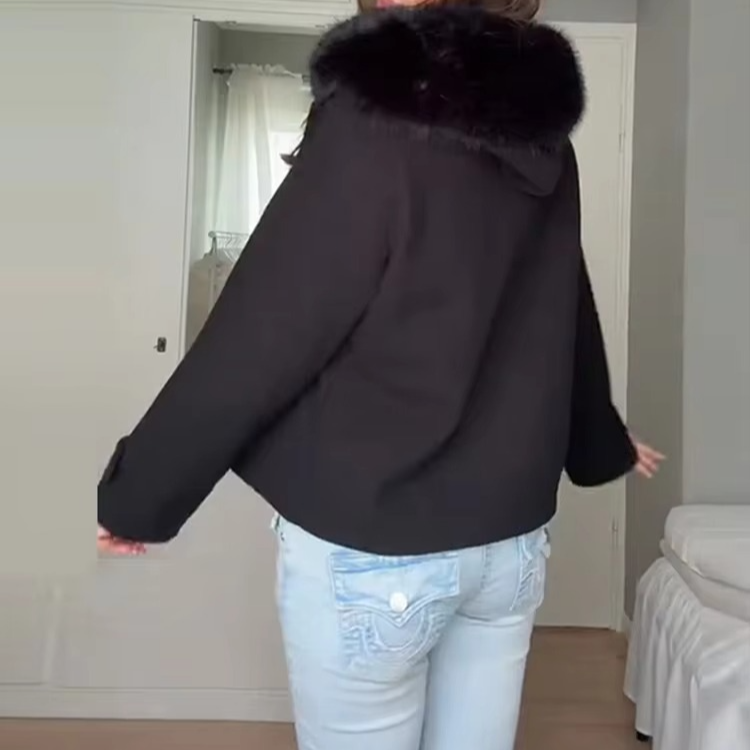 Warm Wool Hooded Ladies Coat with Removable Fur Trim