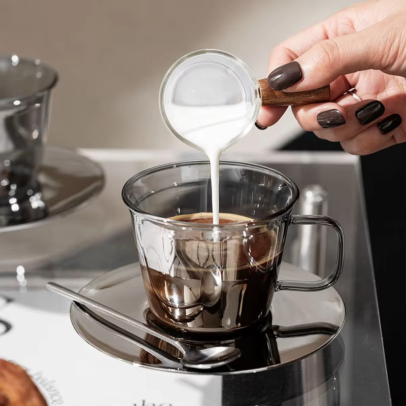 Classic Gray Glass Coffee Mug and Saucer Set