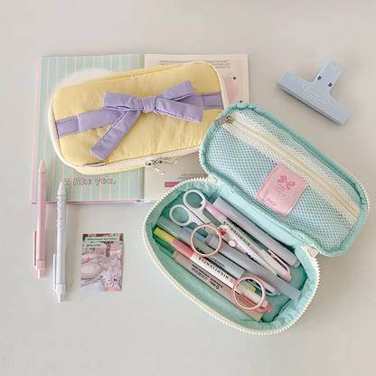 Simple Korean Cotton Pencil Bag with Ribbon Detail