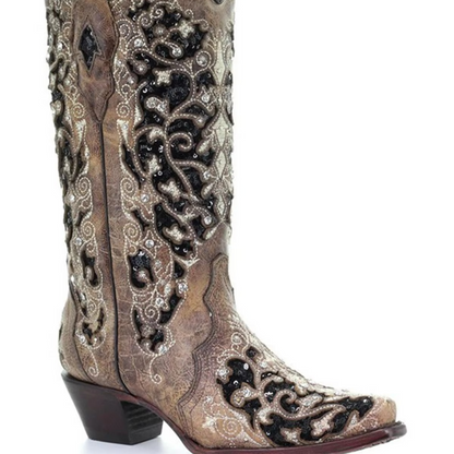 Glittery Vintage Pointy Toe Ankle Boots with Block Heel