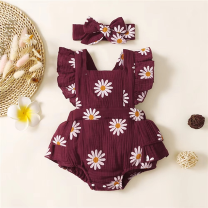 Cute Girls Floral Jumpsuit with Headband, Summer Romper Suit