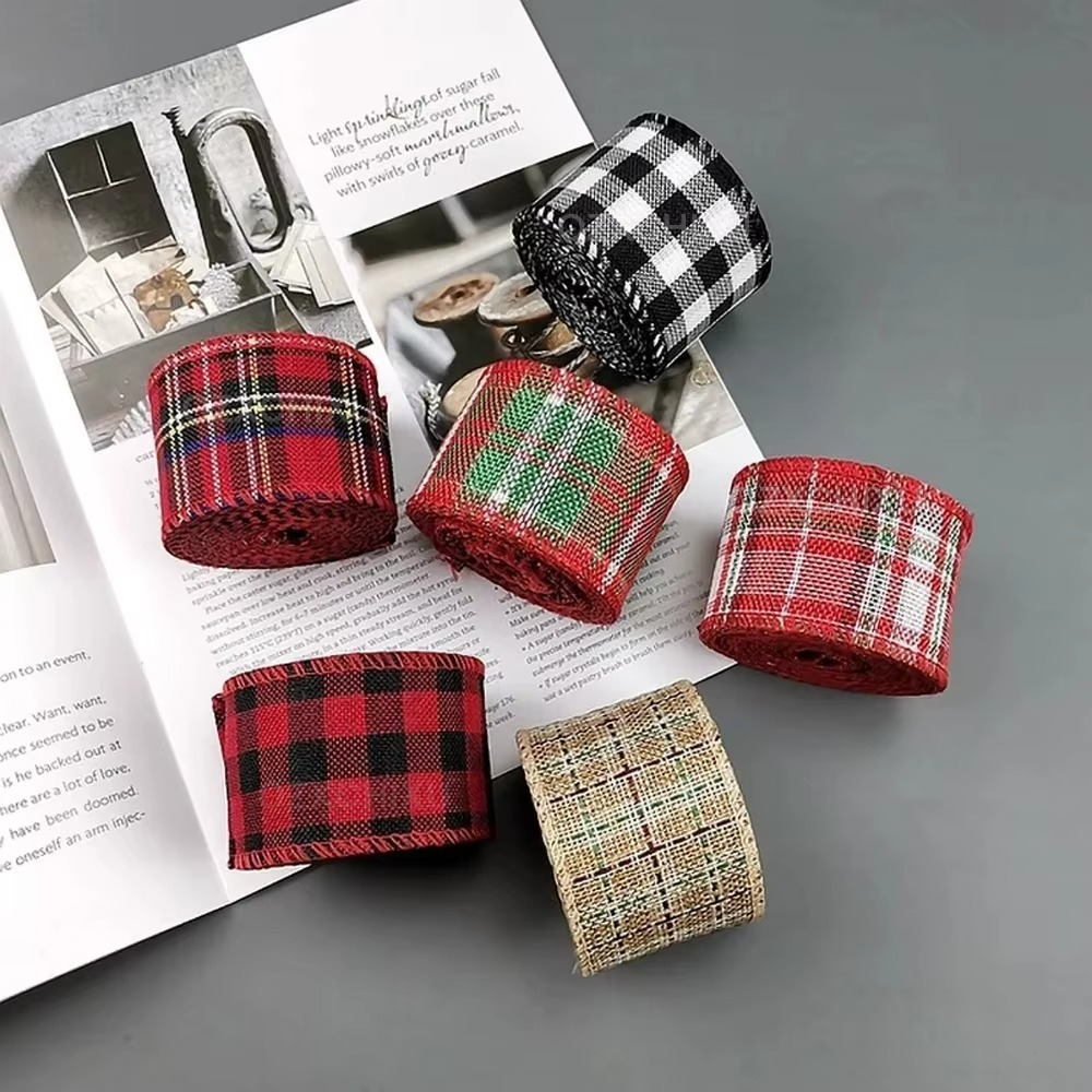 Holiday Plaid Ribbon, Red Green Snowflake Pattern, 6.5 Yards