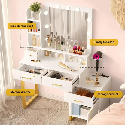 Luxury Makeup Desk with LED Lights and Storage