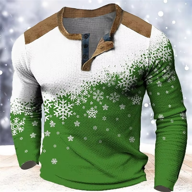 Festive Winter Snow 3D Graphic Mens Henley Shirt