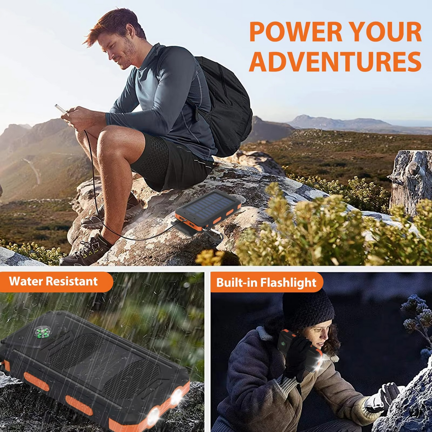 High Capacity Solar Charger Power Bank with LED Light