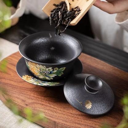 Unique Black Decorative Silver Rim Tea Cup