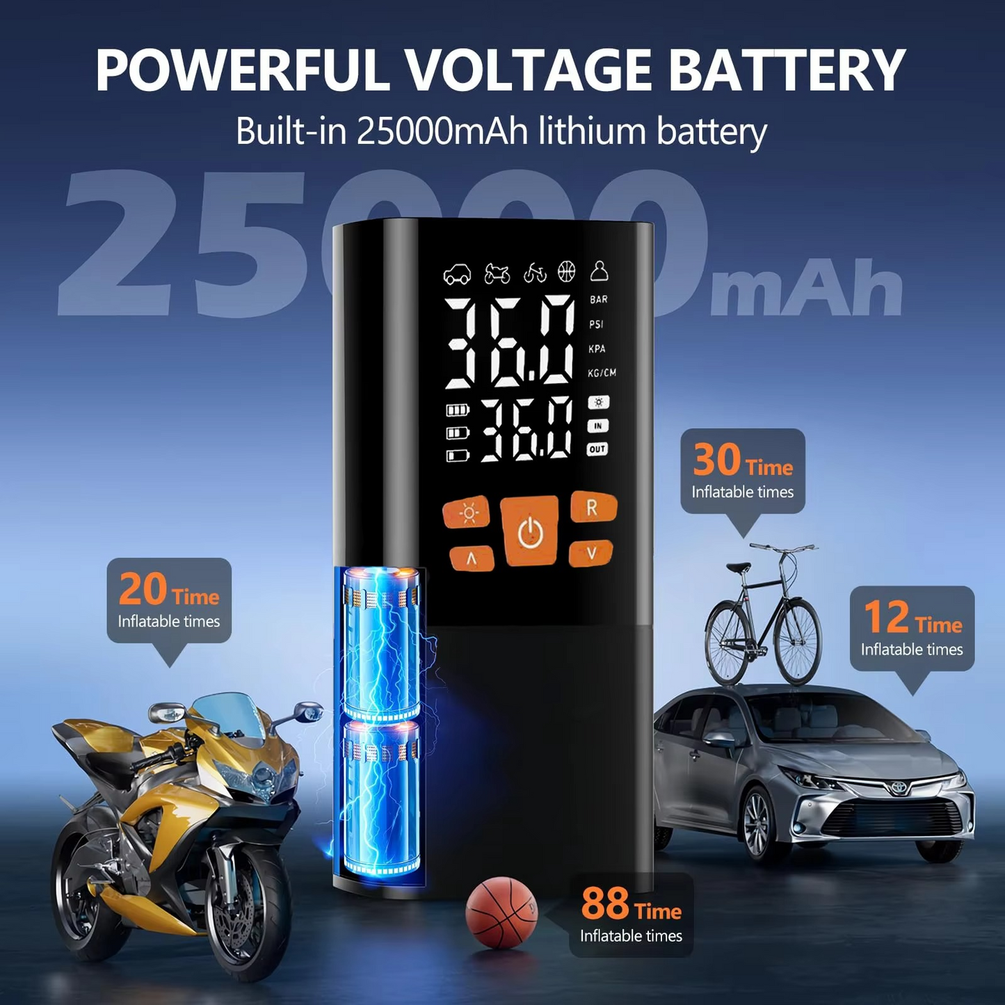 Compact Car Tire Air Pump, 180 PSI Rechargeable Compressor