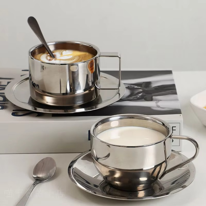 Insulated Metal Coffee Mug Set with Saucer and Utensil