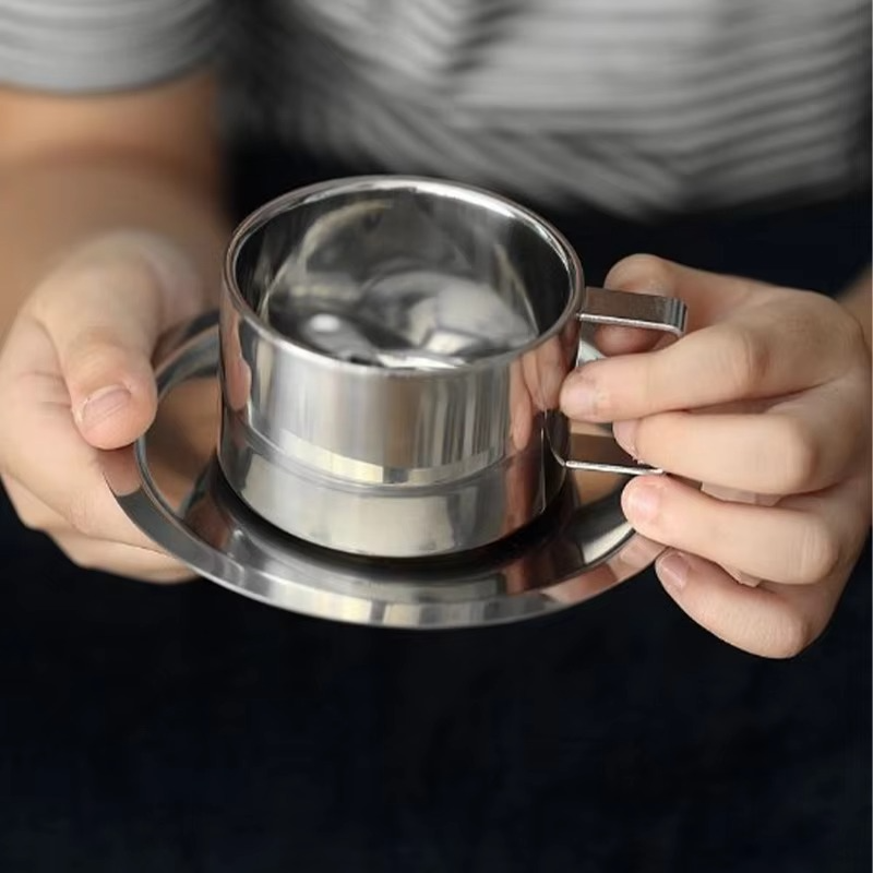 Insulated Metal Coffee Mug Set with Saucer and Utensil