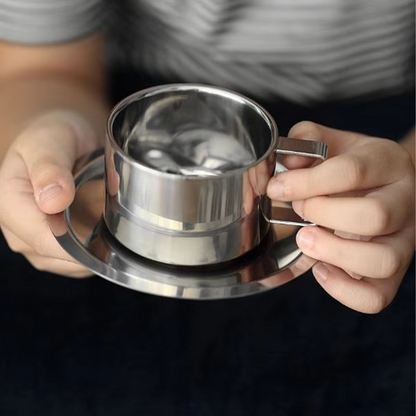 Insulated Metal Coffee Mug Set with Saucer and Utensil
