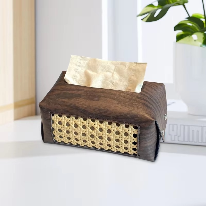 Classic Wooden Tissue Box with Carved Leather Detail
