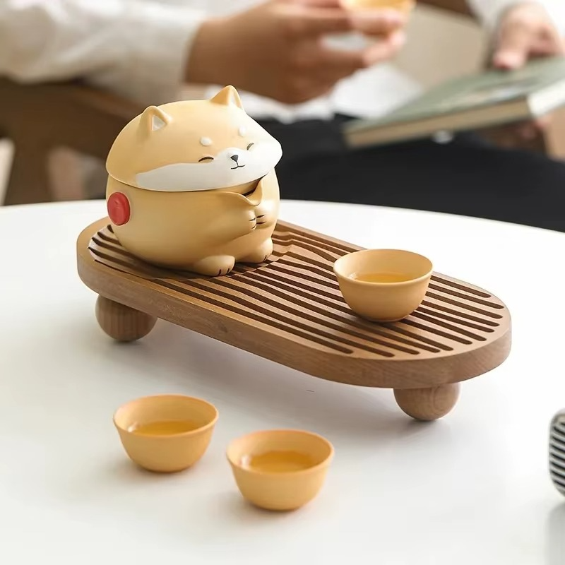 Compact Dog Theme Ceramic Tea Set for Travel