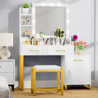 Luxury Makeup Desk with LED Lights and Storage - Hehif