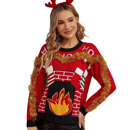 Warm Red Festive Ladies Christmas Sweatshirt - Hehif