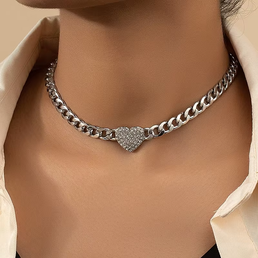 Shining Heart Pendant Chain Necklace in Silver Gold - Hehif