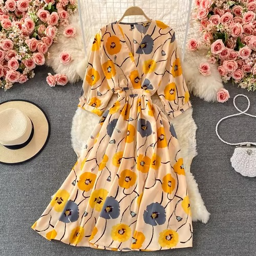 Elegant Flower V Neck Chiffon Midi Dress - Hehif