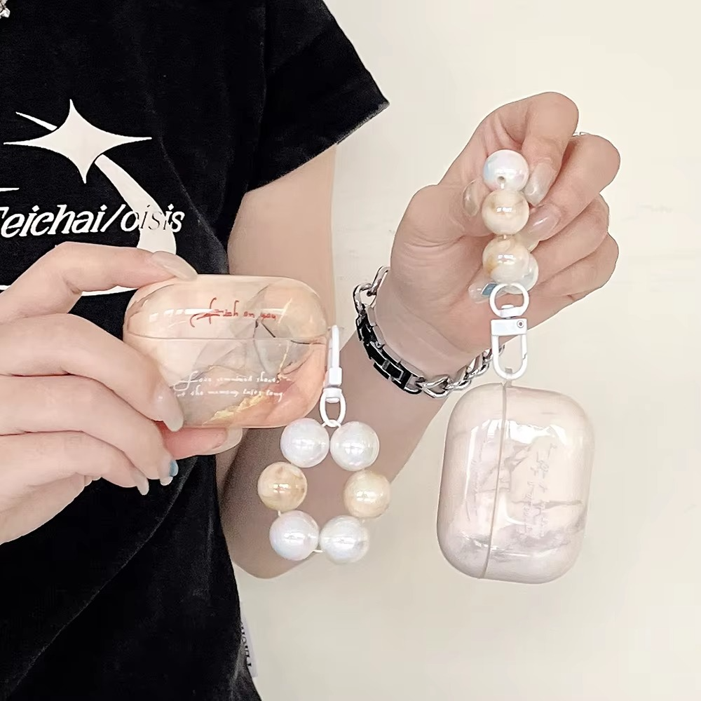Luxury Marble AirPods Case with Metal Clip and Pearl Detail
