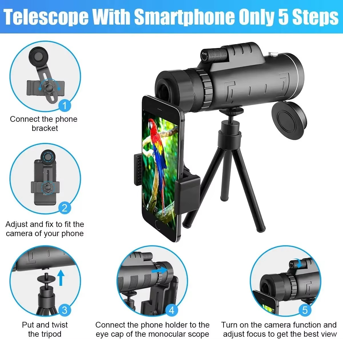 Portable HD Monocular Telescope with Phone Adapter and Stand