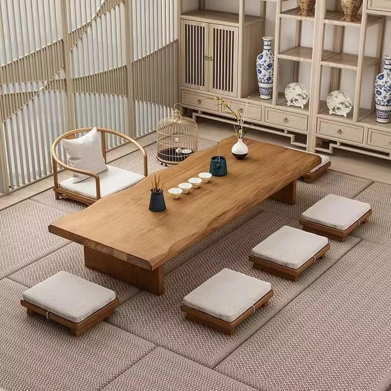 Traditional Wooden Japanese Tea Table Set with Chairs