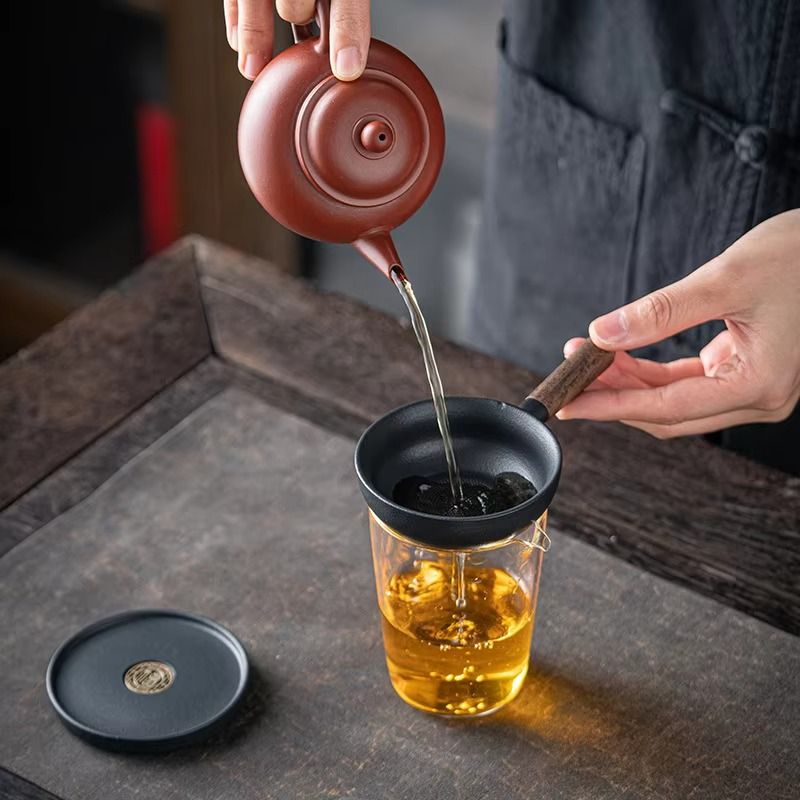 Rustic Wooden Handle Ceramic Tea Infuser with Built-in Strainer