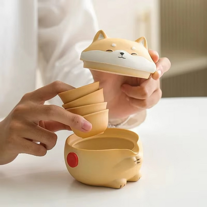 Compact Dog Theme Ceramic Tea Set for Travel