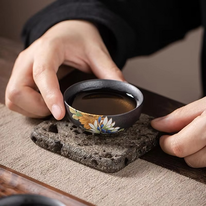 Unique Black Decorative Silver Rim Tea Cup