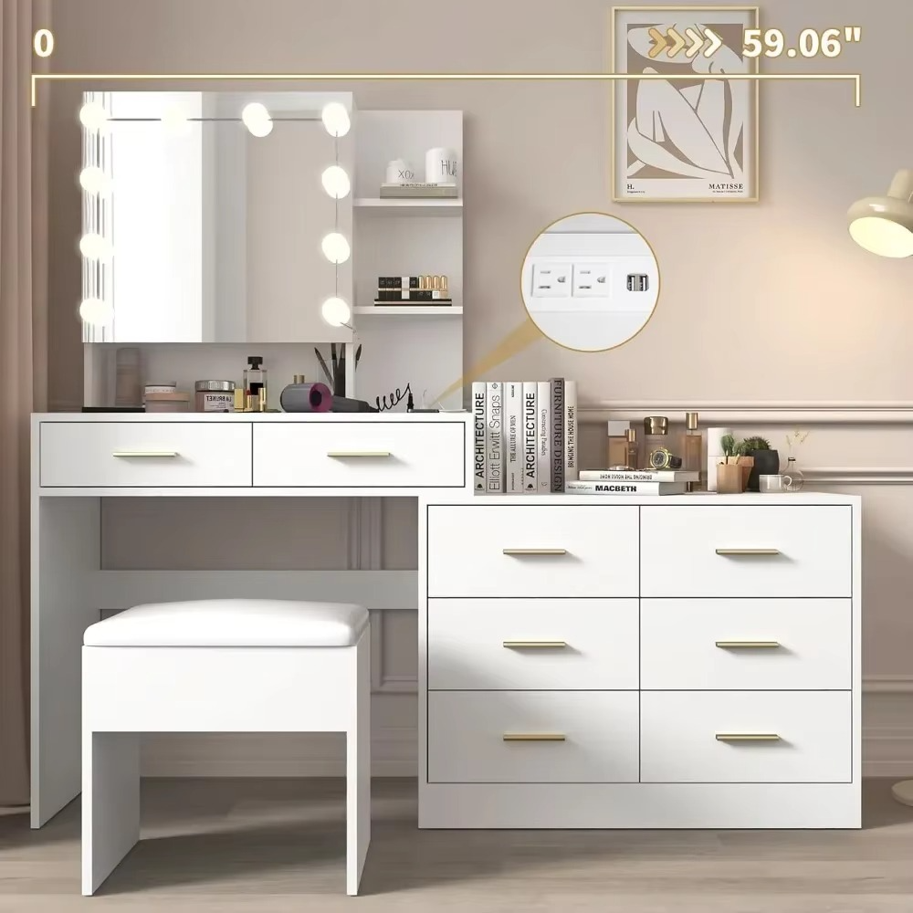 Modern LED Lighted Vanity Table Set with Mirror