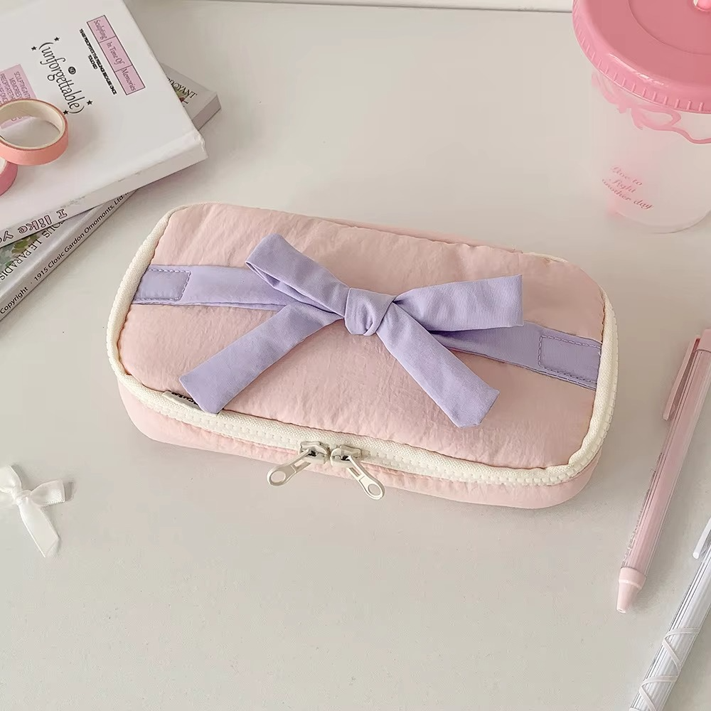 Simple Korean Cotton Pencil Bag with Ribbon Detail
