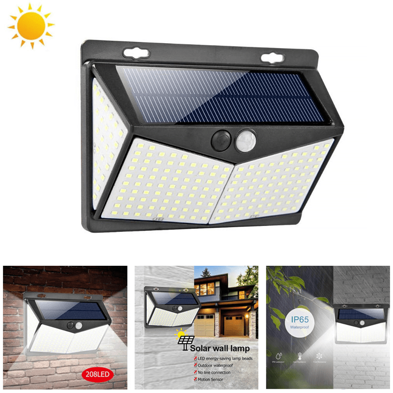 Solar wall lamp with solar panel and LED lights on a white background