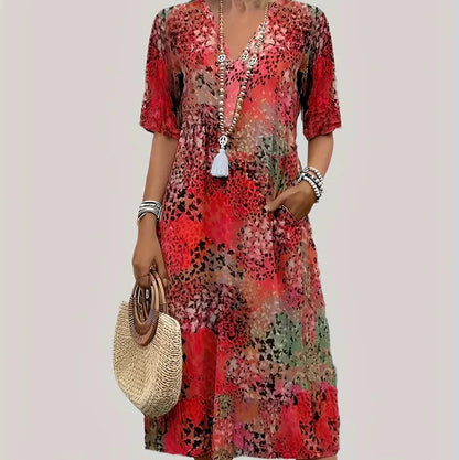 Trendy Animal Print Long Dress - V Neck & Capsule Sleeve