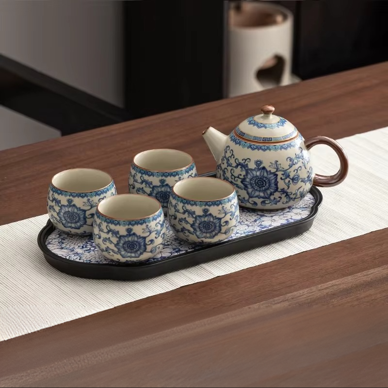 Traditional Chinese Tea Set for Two with Wooden Tray