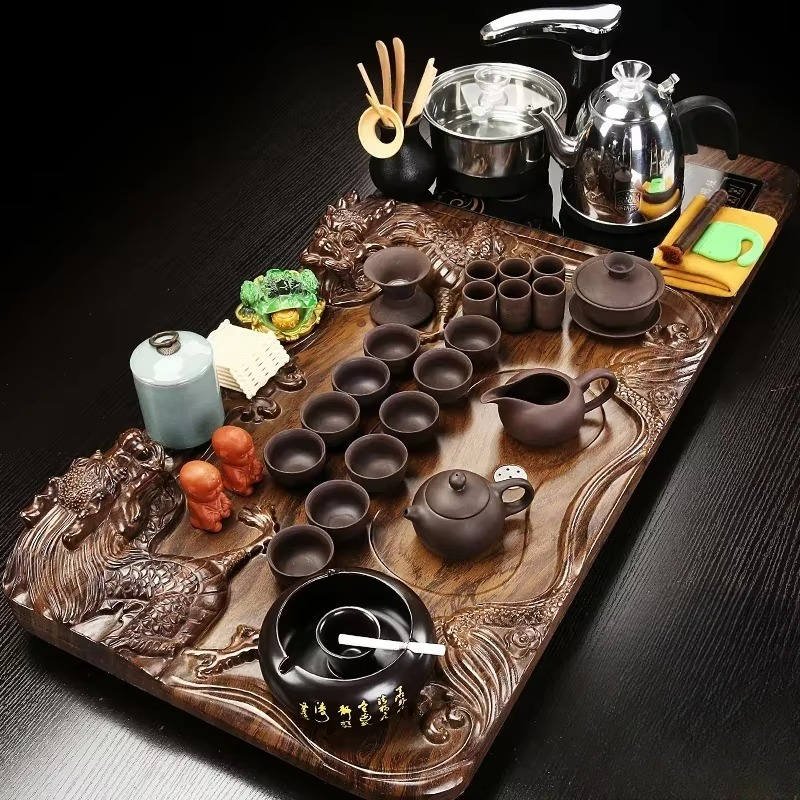 Natural Wooden Tea Server and Purple Clay Martial Tea Set