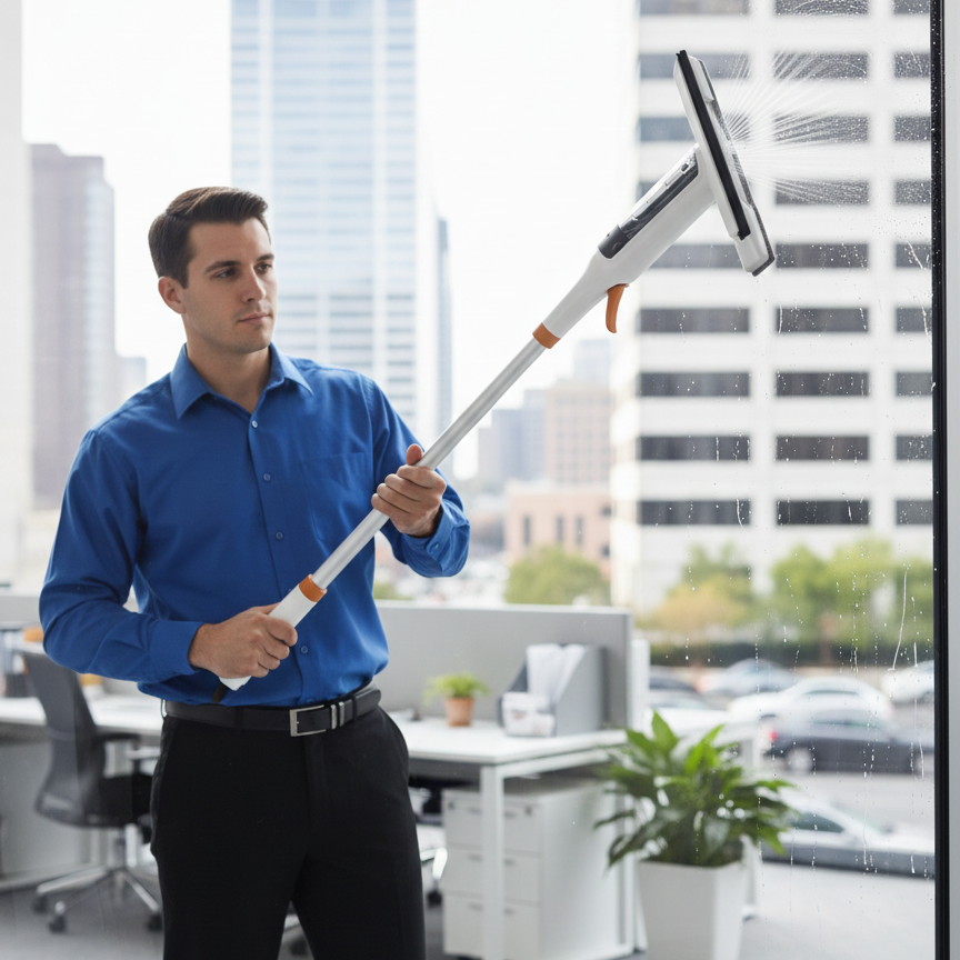 Easy Clean Window Scrubber with Long Handle and Spray
