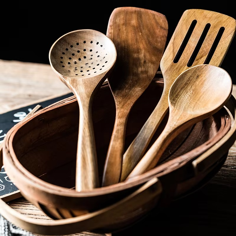 Natural Wood Kitchen Utensil Set with Storage