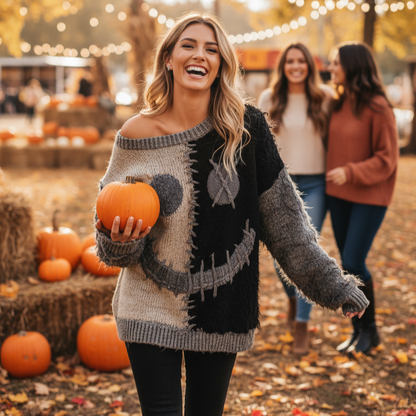 Soft Orange Faux Fur V-Neck Fall Sweater for Women