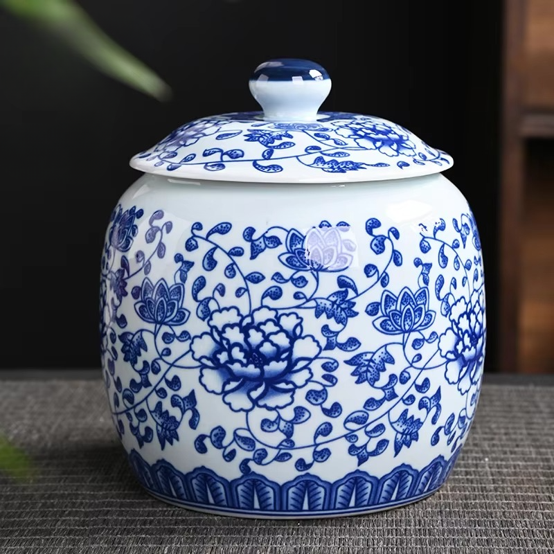 Ceramic White Blue Tea Canister Jar