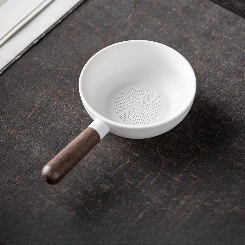 Rustic Wooden Handle Ceramic Tea Infuser with Built-in Strainer