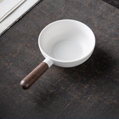 Rustic Wooden Handle Ceramic Tea Infuser with Built-in Strainer